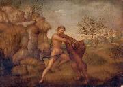 Hercules and the Nemean Lion, oil on panel painting attributed to Jacopo Torni unknow artist